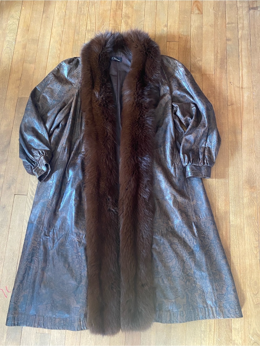 VTG Ottimo Leather Trench Coat Fox Fur Tuxedo Collar Exotic Snakeskin Inlay LG